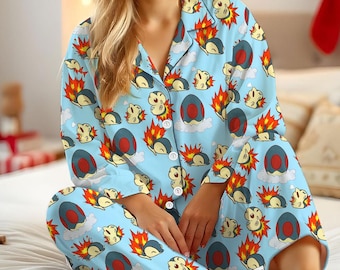 Conjunto de pijama de Cyndaquil, pijama de personaje de anime, pijama familiar a juego, lindo conjunto de pijama azul kawaii, pijama unisex de manga larga, regalo
