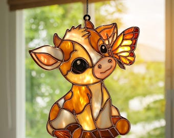 Atrapasueños acrílico de vaca con mariposa, decoración colgante para ventana con forma de ternero, atrapasol de animales de granja, regalo rústico para decoración del hogar.
