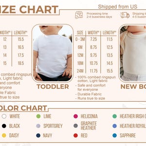 Peut inclure: Un tableau des tailles pour les v&ecirc;tements de tout-petits et de nouveau-n&eacute;s, avec des mesures en pouces. Le tableau comprend les tailles, les largeurs et les longueurs, ainsi qu'un nuancier avec diverses couleurs comme le blanc, le noir et le marine. Le texte mentionne &eacute;galement que le tissu est 100% coton peign&eacute;.