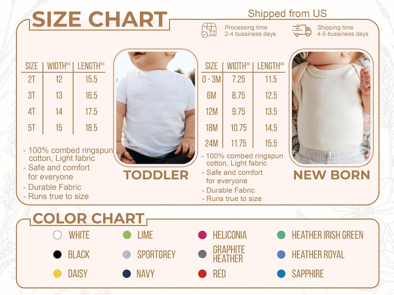 Peut inclure: Un tableau des tailles pour les v&ecirc;tements de tout-petits et de nouveau-n&eacute;s, avec des mesures en pouces. Le tableau comprend les tailles, les largeurs et les longueurs, ainsi qu'un nuancier avec diverses couleurs comme le blanc, le noir et le marine. Le texte mentionne &eacute;galement que le tissu est 100% coton peign&eacute;.