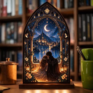 May include: An arched, illuminated display piece featuring a detailed illustration of two figures sitting on a balcony overlooking a moonlit castle and lake. The scene includes a crescent moon, starry sky, stone pillars, lanterns, and white flowers.