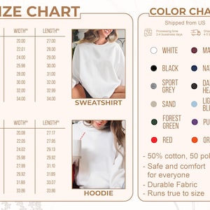 Peut inclure: Tableaux des tailles et des couleurs pour les sweatshirts et les sweats &agrave; capuche. Le tableau des tailles indique les mesures en cm pour les largeurs et les longueurs, allant de S &agrave; 5XL. Le nuancier comprend des options comme le blanc, le noir, le marine et le bordeaux.