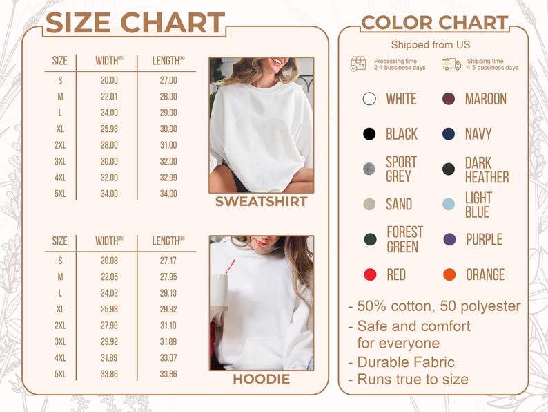 Peut inclure: Tableaux des tailles et des couleurs pour les sweatshirts et les sweats &agrave; capuche. Le tableau des tailles indique les mesures en cm pour les largeurs et les longueurs, allant de S &agrave; 5XL. Le nuancier comprend des options comme le blanc, le noir, le marine et le bordeaux.