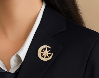 Handmade Rhinestone Compass Star Brooch: Celestial Stainless Steel Pin