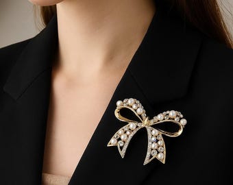 Gold Bow Brooch: Pearl & Crystal Ribbon Pin, Vintage Bridal Jewelry