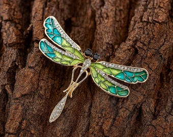 Green Enamel Dragonfly Brooch Pin • Gold Tone Bug Brooch • Crystal Insect Pin Gift for Her • Nature Inspired Jewellery • Garden Style Brooch