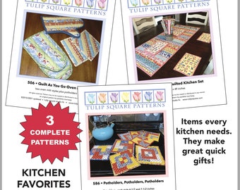 Pattern Bundle for Kitchen - Patterns for Kitchen - Quilted Oven Mitts, Potholder Pattern,  and Table Runner Set - Digital Patterns