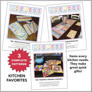 May include: Three complete quilting patterns for kitchen items: a quilt as you go oven mitt set, a quilted kitchen table runner and placemats, and a set of four potholders. The patterns feature a tulip square design and are available from Tulip Square Patterns.