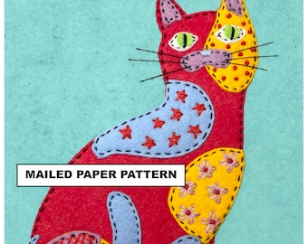 Paper Pattern - Felt Applique Cat - Colorful Whimsical Calico Cat Pattern #FPP010 -Mailed Paper Pattern