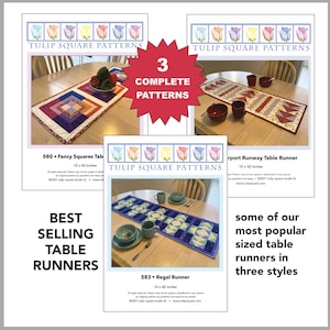 Table Runner Patterns - Set of 3 Quilted Runner Patterns - Fancy Squares - Airport Runway - Regal Runner - TulipSquare Patterns