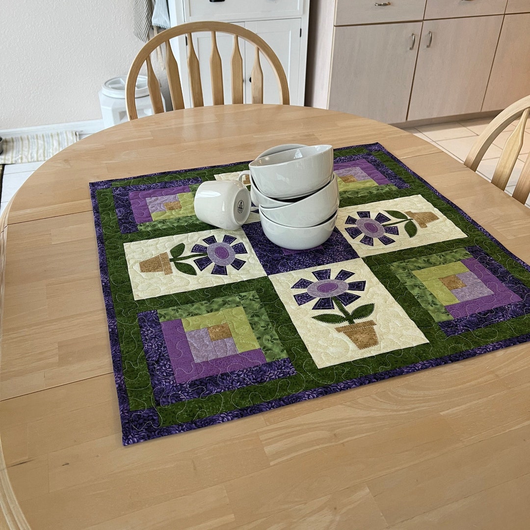 Floral Table Topper - Applique Table Topper - Potted Flowers Quilted ...