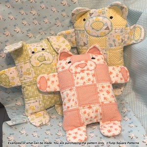 May include: Three quilted fabric stuffed animals in bear and cat shapes, featuring yellow, green, and peach floral and baby-themed patterns. Text at the bottom reads: Examples of what can be made. You are purchasing the pattern only. ©Tulip Square Patterns