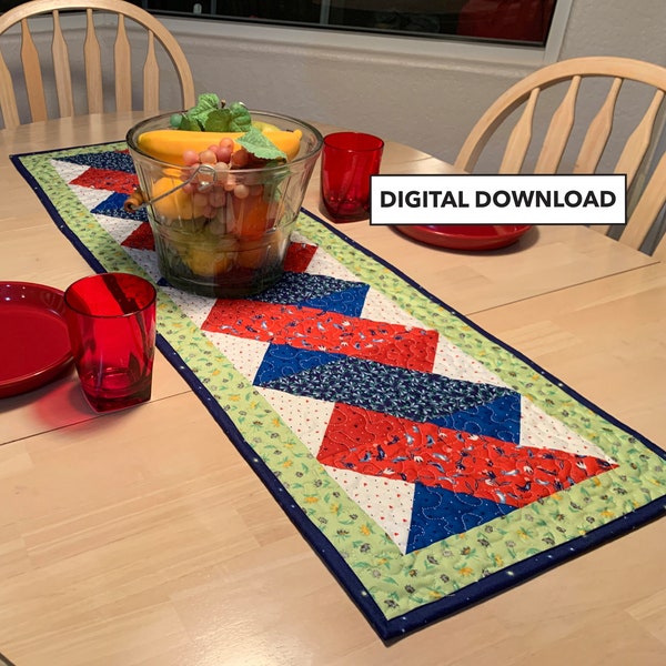 Camino de mesa acolchado con giro de cinta colorida - Patrón cuadrado de tulipán #576 - Descarga digital