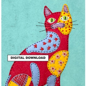 Digital Download - Felt Applique Cat - Colorful Whimsical Calico Cat Pattern #FP010 - PDF Download