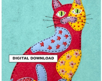 Felt Applique Cat Pattern: Colorful Calico Design (Digital Download)