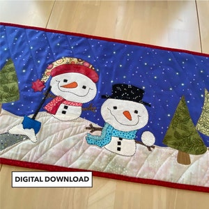 Snowman Table Runner Pattern - Appliqué Snowmen  Quilted Table Runner Pattern Frosty Friends - Tulip Square #627 - Digital Download