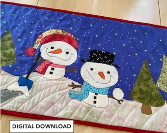 Snowman Table Runner Quilted Pattern: Frosty Friends Appliqué (Digital Download)