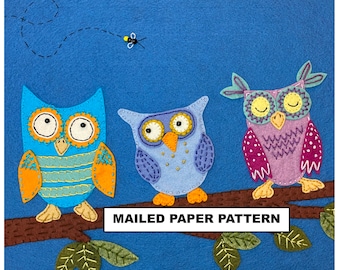 Paper Pattern - Felt Applique Owls - Colorful Whimsical Owls - Owl Wall Hanging - Pattern #FPP009 Mailed Paper Pattern