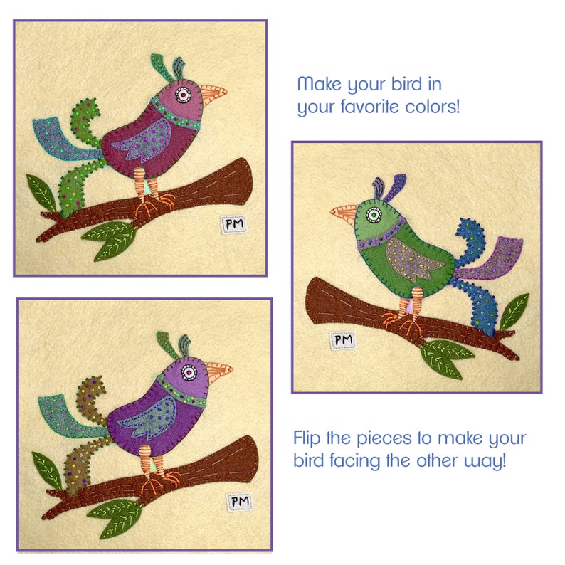 Felt Applique Bird Pattern Colorful Whimsical Bird Pattern Etsy
