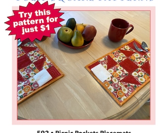 Quilted Placemat Pattern - Picnic Pockets Placemats - PDF Download for Easy Placemat Set to Make #592