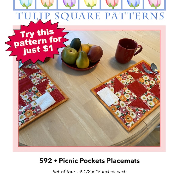 Quilted Placemat Pattern - Picnic Pockets Placemats - PDF Download for Easy Placemat Set to Make #592