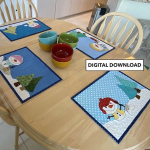 Winter Snowmen - Appliqué Snowmen Placemat Pattern Frosty Friends Quilted Placemat Pattern - Digital Download Pattern by Tulip Square #626