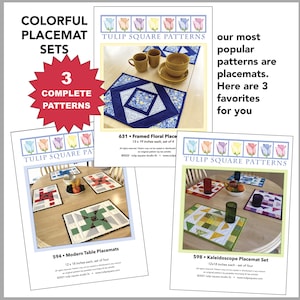 Pacote de padrões - Pacote de jogos americanos - Conjunto de 3 padrões de jogos americanos acolchoados - Floral emoldurado - Mesa moderna - Caleidoscópio - Padrões TulipSquare