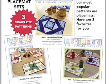 Quilted Placemat Pattern Bundle: Framed Floral, Modern Table, Kaleidoscope (PDF Download)