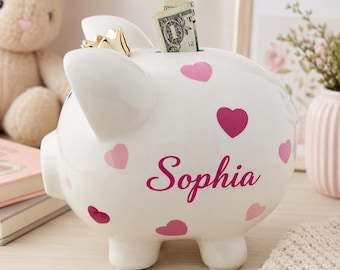 Personalized Baby Girl Piggy Bank, Custom Name Pink Heart Coin Bank, Baby Shower Gift, Nursery Decor Keepsake