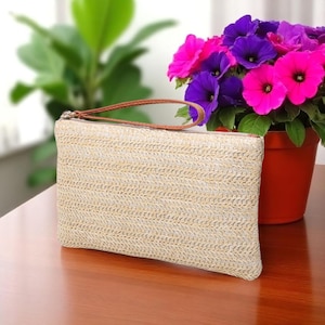 Bolsa clutch feminina de palha trançada – Bolsa fashion, bolsa de pulso, porta-celular e dinheiro, carteira de praia casual com compartimentos para cartões.