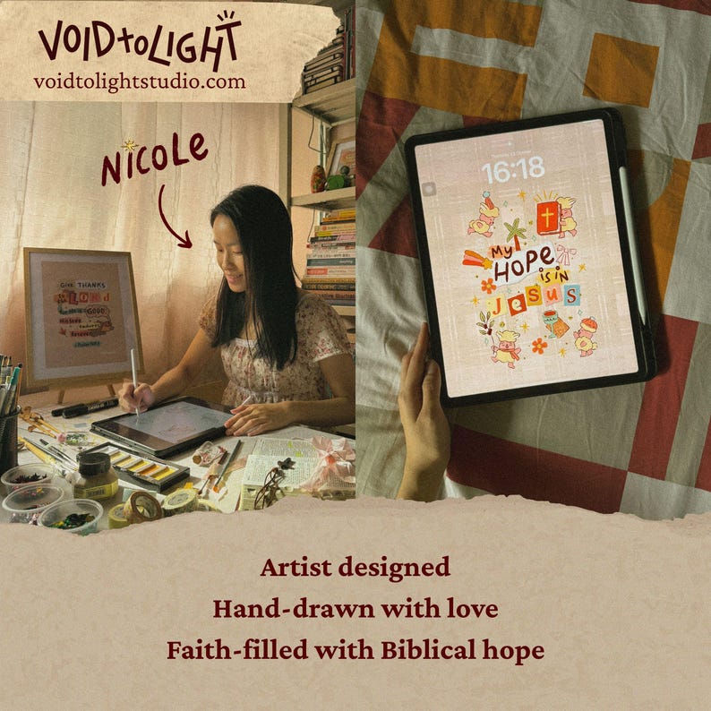 Op de afbeelding: Een kunstenaar werkt aan een digitale tekening, met de tekst "VOID + LIGHT" en "voidtolightstudio.com" bovenaan. De afbeelding op de tablet zegt "My Hope is in Jesus". De afbeelding zegt ook "Artist designed, Hand-drawn with love, Faith-filled with Biblical hope."
