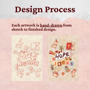 Op de afbeelding: De afbeelding toont het ontwerpproces voor kunstwerken. De tekst luidt "Design Process" en "Elk kunstwerk is met de hand getekend, van schets tot afgewerkt ontwerp." Er worden twee illustraties getoond, een schets en een afgewerkt ontwerp met de woorden "My Hope is in Jesus."