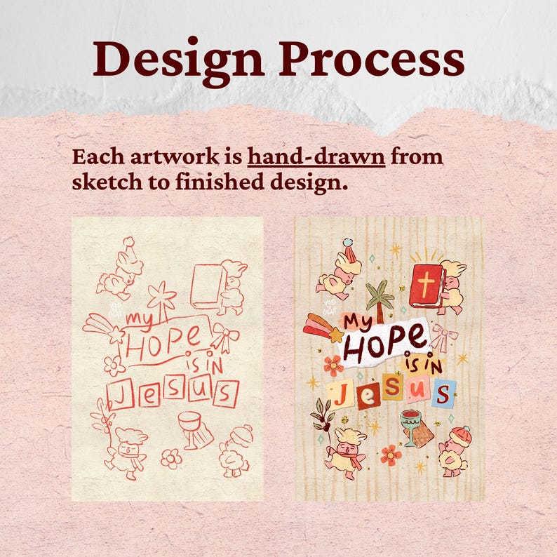 Op de afbeelding: De afbeelding toont het ontwerpproces voor kunstwerken. De tekst luidt "Design Process" en "Elk kunstwerk is met de hand getekend, van schets tot afgewerkt ontwerp." Er worden twee illustraties getoond, een schets en een afgewerkt ontwerp met de woorden "My Hope is in Jesus."