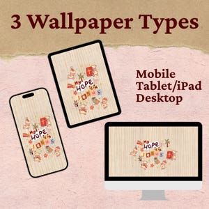 Op de afbeelding: Afbeelding met drie soorten achtergronden: mobiel, tablet/iPad en desktop. Elk scherm toont de zin "My Hope is in Jesus" met illustraties van lammeren en een kruis, tegen een achtergrond van houtnerf. De tekst "3 Wallpaper Types" is ook zichtbaar.