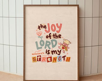 Nehemia 8:10 Vintage-inspirierte christliche handbeschriftete Wandkunst, Die Freude des Herrn ist meine Stärke Kunstdruck, Bibel-Vers-Schrift-Poster
