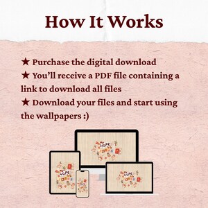 Op de afbeelding: Advertentie voor een digitaal downloadproduct. De afbeelding toont een lichtroze achtergrond met de tekst "How It Works" in een donkerrode lettertype. Daaronder staan instructies en afbeeldingen van een tablet, telefoon, laptop en desktopcomputer met een wallpaper met de tekst "My Hope is in Jesus".