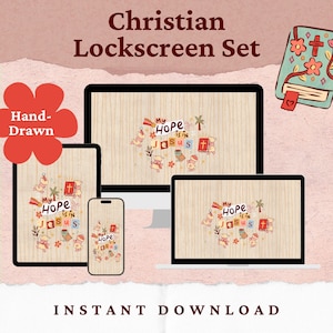 Op de afbeelding: Een digitale Christian Lockscreen Set met een handgetekend ontwerp. Het ontwerp toont de tekst "My Hope is in Jesus" op een tablet, telefoon, computermonitor en laptop. Een illustratie van een boek is ook inbegrepen.