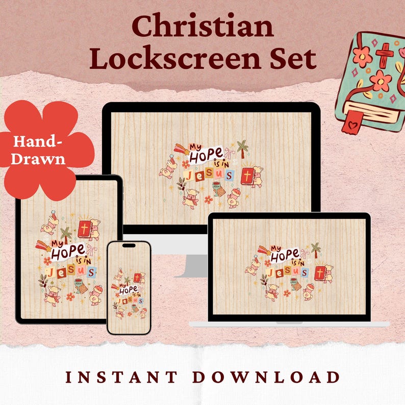 Op de afbeelding: Een digitale Christian Lockscreen Set met een handgetekend ontwerp. Het ontwerp toont de tekst "My Hope is in Jesus" op een tablet, telefoon, computermonitor en laptop. Een illustratie van een boek is ook inbegrepen.