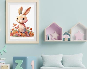Whimsical Bunny Wall Art Print | Woodland Animal Nursery Decor | Pastel Floral Bunny Illustration | Baby Girl Nursery Poster