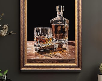 Whiskey and Cigar Wall Art Print | Luxury Bar Decor | Whiskey Decanter Painting | Man Cave Gift | Sophisticated Home Decor Poster
