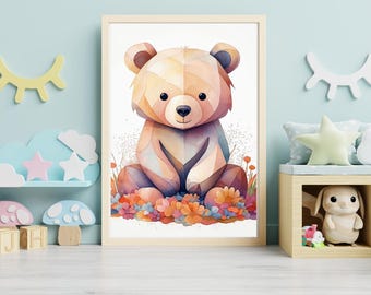 Whimsical Bear Wall Art Print | Woodland Animal Nursery Decor | Floral Bear Illustration | Gender Neutral Baby Room Poster