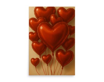 Stampa artistica con bouquet di palloncini a forma di cuore rosso, decorazione con palloncini per San Valentino, arte murale romantica, illustrazione a tema amore, opera d'arte con esposizione di cuori