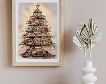 Lámina artística de árbol de Navidad para amantes de los libros, acogedora decoración navideña para la biblioteca, póster navideño literario, regalo para lectores y ratones de biblioteca.