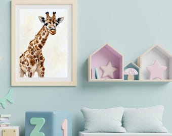 Baby Giraffe Wall Art Print | Safari Animal Nursery Decor | Jungle Theme Poster | Modern Kids Room | Neutral Baby Room Illustration