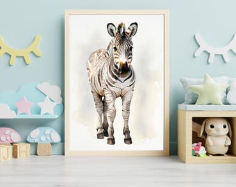 Lámina decorativa de cebra bebé para pared / Decoración infantil con animales de safari / Póster de la jungla en blanco y negro / Arte moderno para habitación infantil / Ilustración de animales en tonos neutros