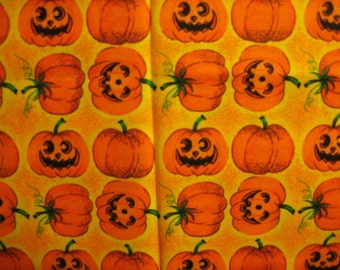 Halloween Fabric 1/4 yard x 44" Cute Smiling and Laughing Orange Pumpkins on Yellow