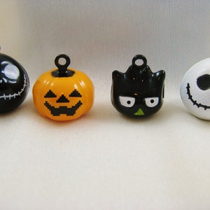 Halloween Collection - 4 Pieces - 1 Black Hoot Owl, 1 White Skull, 1 Black Skull, 1 Orange Pumpkin Animal Jingle Bell Charms