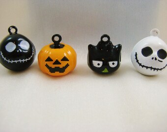 Halloween Collection - 4 Pieces - 1 Black Hoot Owl, 1 White Skull, 1 Black Skull, 1 Orange Pumpkin Animal Jingle Bell Charms