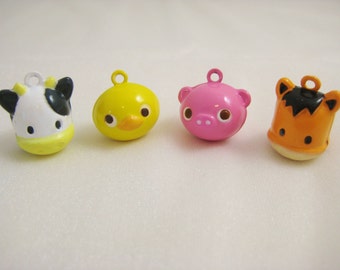 Farm Barnyard Collection - 4 Pieces - 1 Cow, 1 Horse, 1 Pink Pig, 1 Yellow Duck Animal Jingle Bell Charms