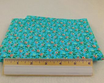 Blue Aqua Floral Fabric with Orange and White Flowers and Green Leaves by Fabric Traditions - Creating New Traditions N.T.T. 2013 - 30" Long